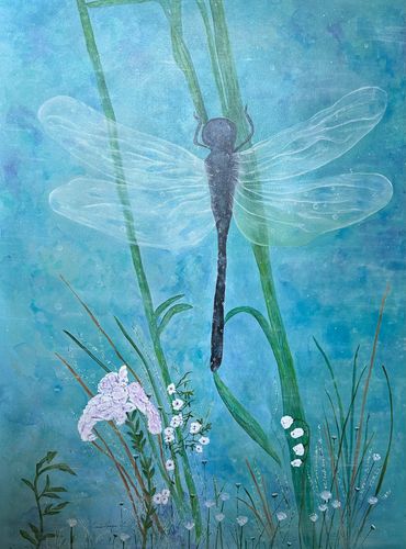 Dragonfly symbolizes living in the moment. Flowers don't worry about blooming. Find Serenity within.
