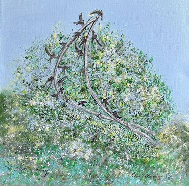 Artist, Y. Bobo, was inspired by the exuberant flight of barn swallows & their freedom of movement.