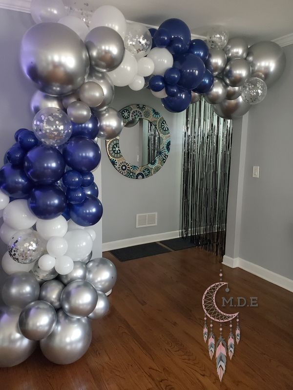 Blue white and silver organic balloon garland arch