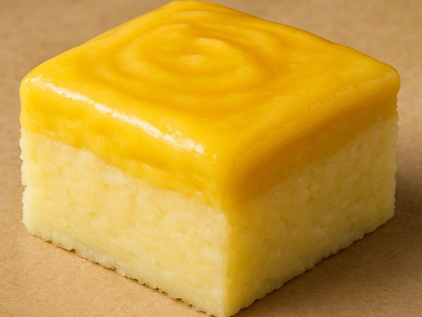 Square dessert with yellow topping and creamy base.