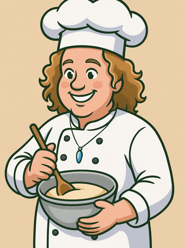 Happy chef stirring a bowl with a wooden spoon.