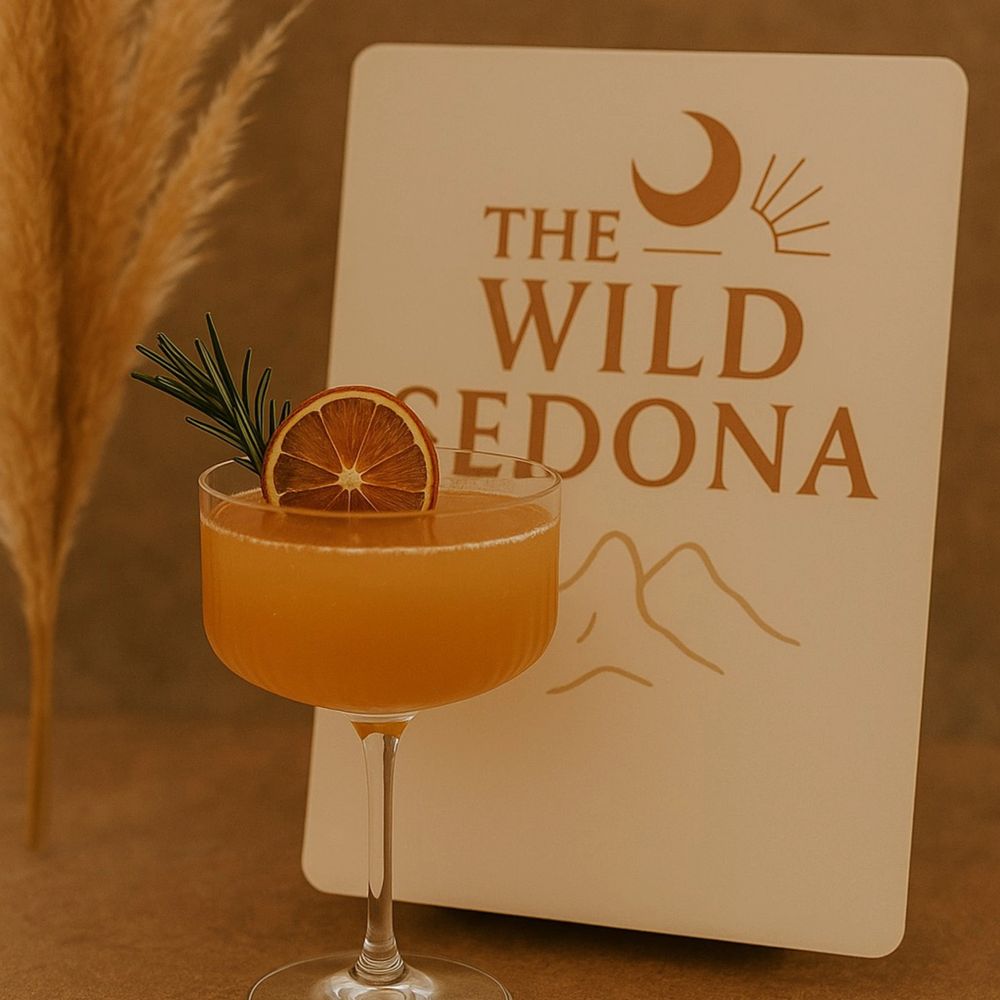 Orange cocktail garnished with dried citrus and rosemary, set against a rustic sign.