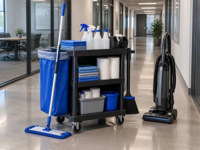 Organized commercial janitorial cart and vacuum in a professional office hallway.