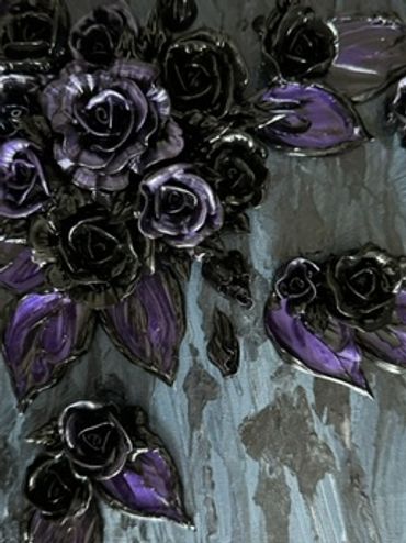 A dark square artwork featuring black roses and deep purple leaves on a textured background