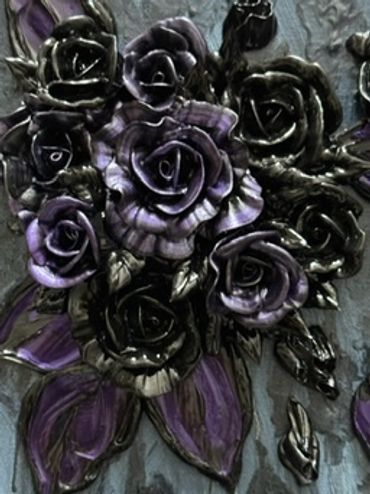 A dark square artwork featuring black roses and deep purple leaves on a textured background
