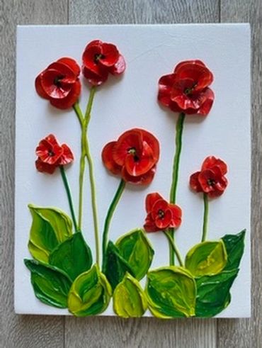 A painting of red poppies with green leaves and stems on a white canvas background.