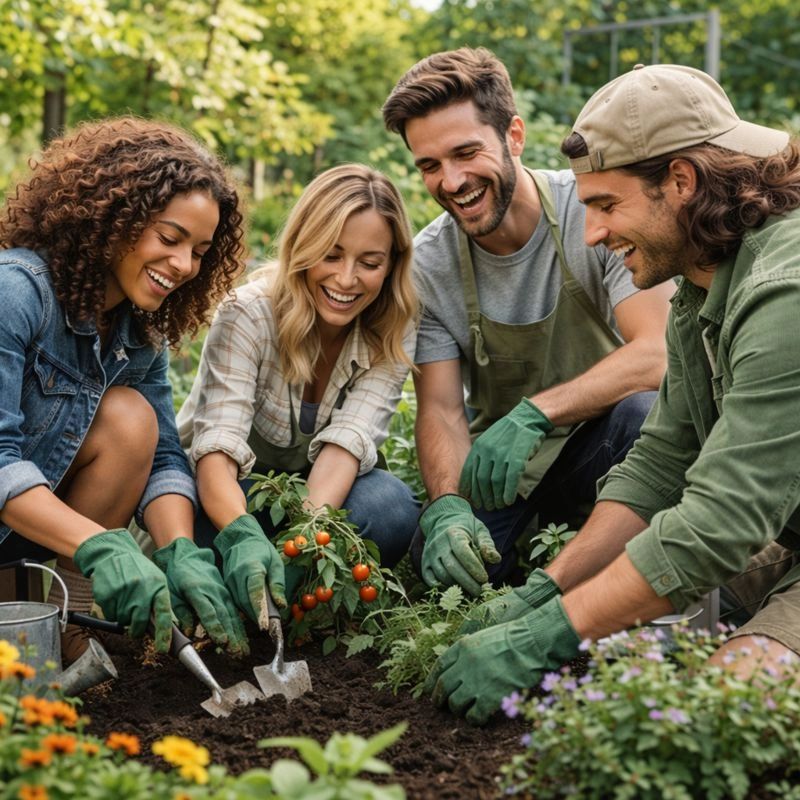 Four friends joyfully gardening together, planting tomatoes and flowers.