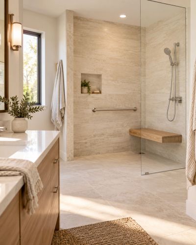 Modern beige bathroom with walk-in shower and wooden bench.