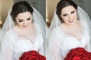 Bridal portrait with lace dress and red rose bouquet.
