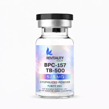 Vial of Revitality Health BPC-157 TB-500 lyophilized powder, 5/5 mg, 99% purity.