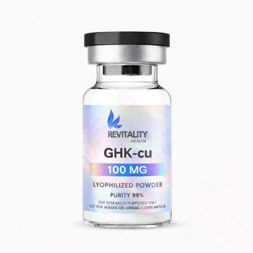 A vial of Revitality Health GHK-cu lyophilized powder, 100 mg, 99% purity.