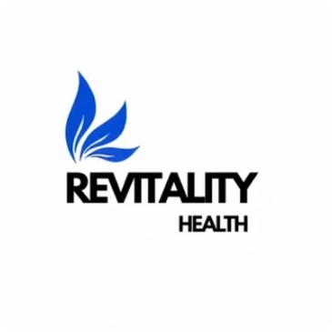 Logo of Revitality Health with blue leaves and black text.