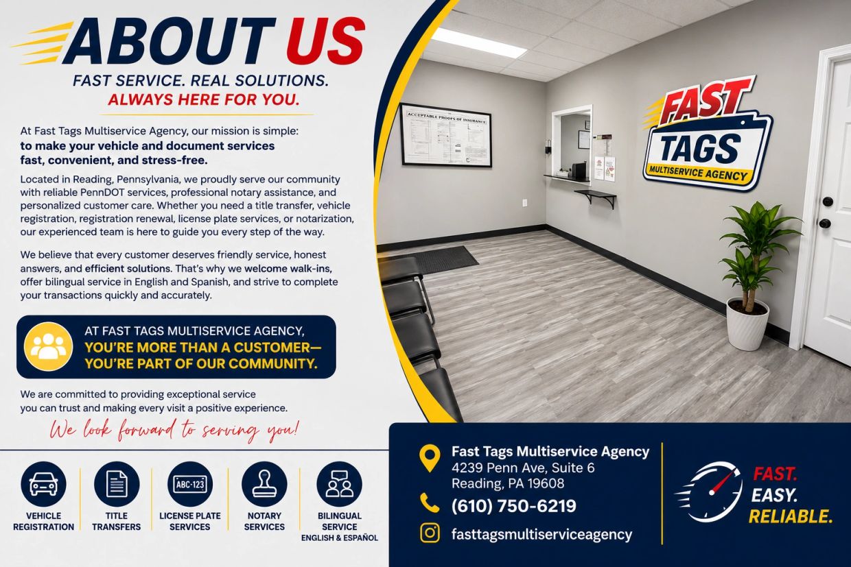 Interior of Fast Tags Multiservice Agency with service info.