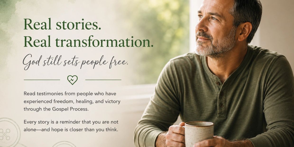 Man holding a mug, looking hopeful, with inspirational text about transformation and freedom.