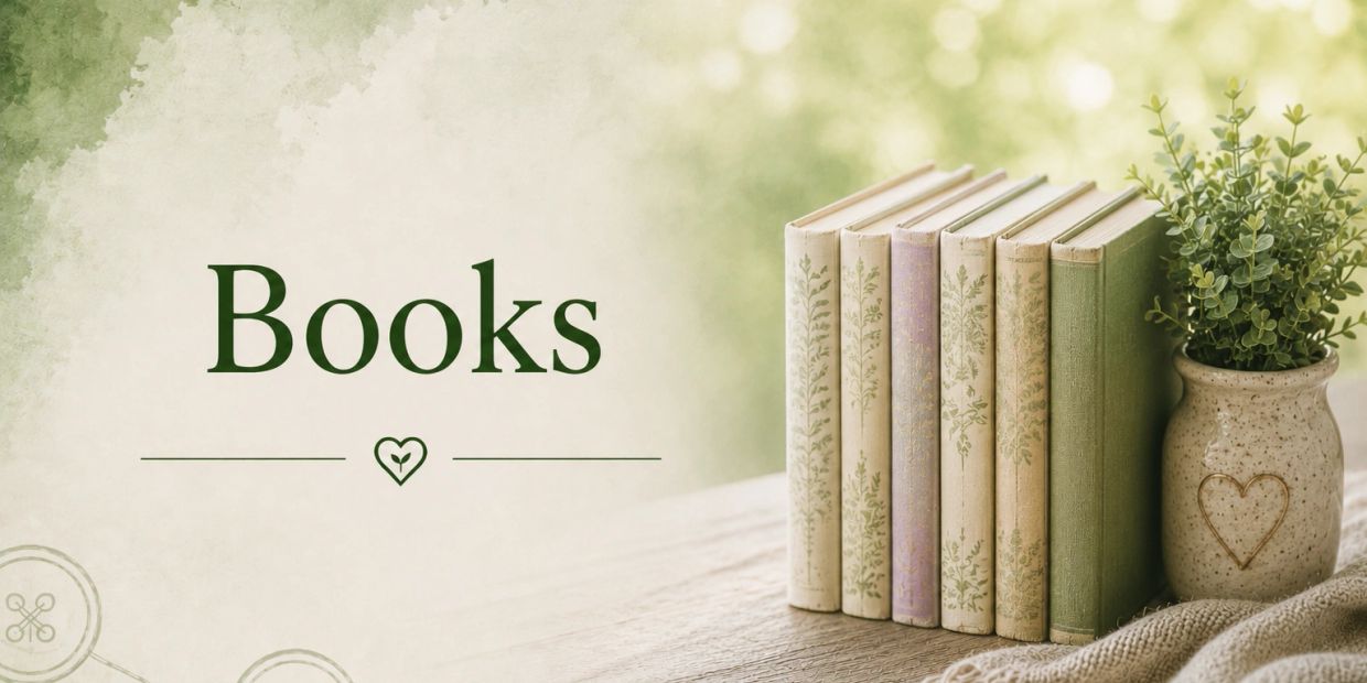 Vintage books lined up next to a plant in a vase.