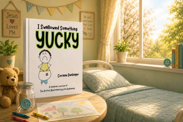 Children's book titled 'I Swallowed Something Yucky' on a cozy bedroom table.