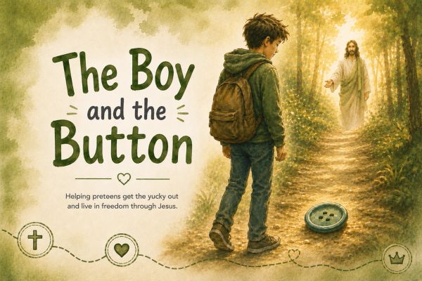 A boy encountering Jesus on a forest path with a big button.