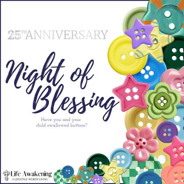 25th Anniversary Night of Blessing with colorful buttons.