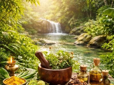 Herbal spa ingredients with a natural waterfall backdrop.