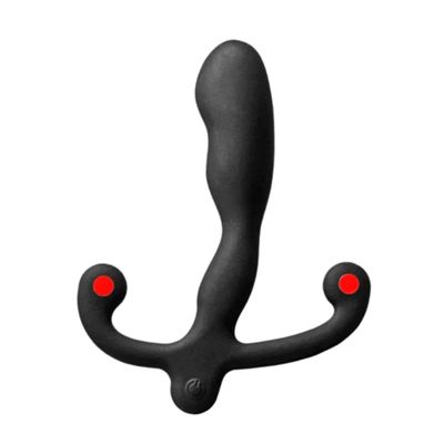 Black ergonomic prostate massager with red dots on side arms.