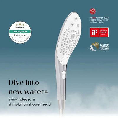Innovative 2-in-1 stimulation shower head by Hansgrohe Womanizer, awarded for design and quality.