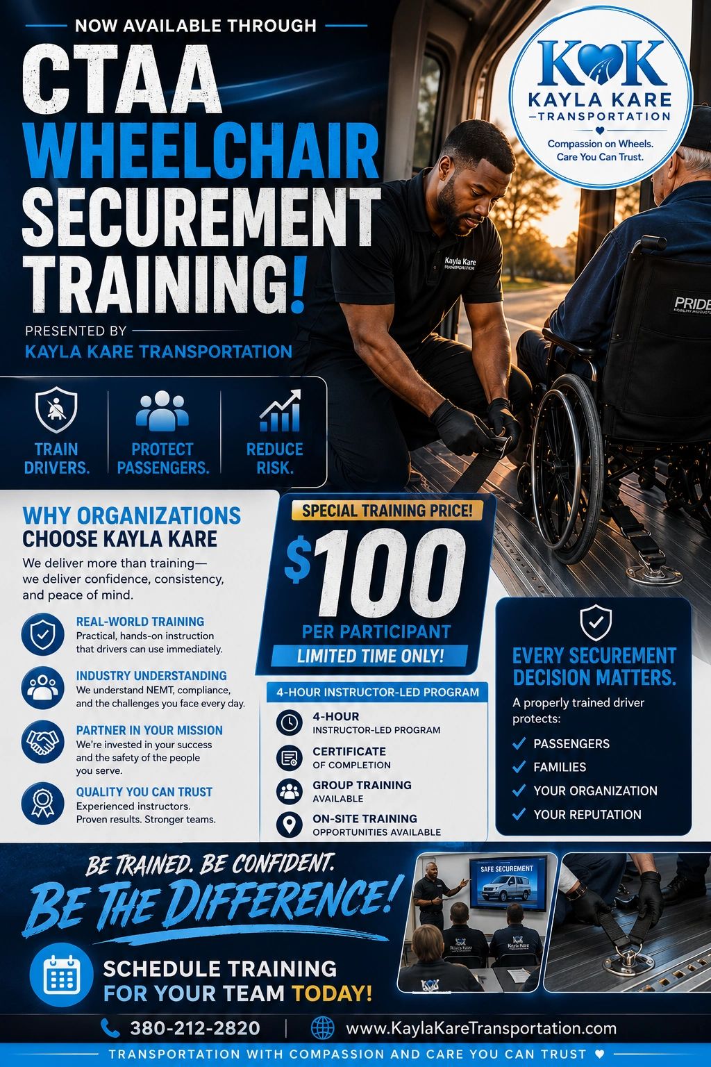 Advertisement for CTAA wheelchair securement training by Kayla Kare Transportation.