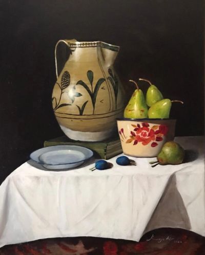 Still life painting of pears, a jug, and plates on a white cloth.