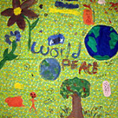 Colorful drawing promoting world peace with Earth, plants, and a figure.