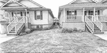 Black and white sketch of two houses with front porches and a shared lawn.