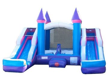purple pink and white bounce house double slide 