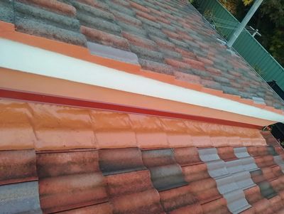 A tiled roof with a freshly painted orange section and a white wall.