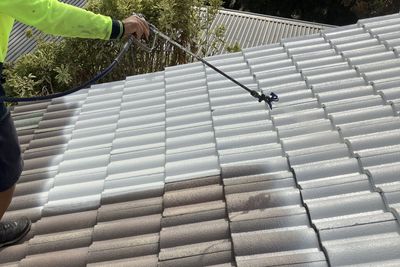 A person spray-painting a tiled roof white.