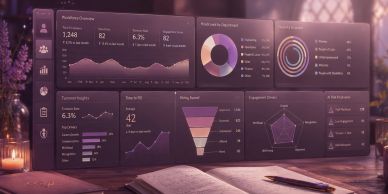 A digital dashboard displaying various business analytics and charts in a cozy setting.