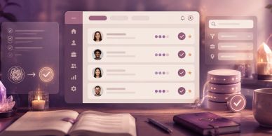 A digital task management interface with profile icons and checkmarks on a cozy desk.