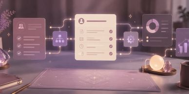 Futuristic digital interface displaying data and user profiles on a desk.