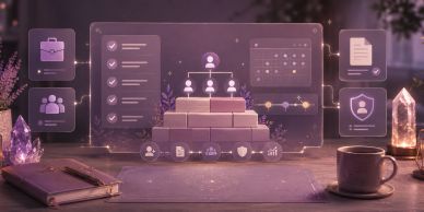 A futuristic workspace with holographic organizational charts and documents.