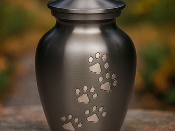 A tall steel pet urn with engraved paw prints along the front, designed to preserve and honor a pet’