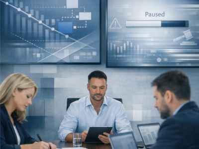 Business team working with digital graphs and data on screens in a modern office.