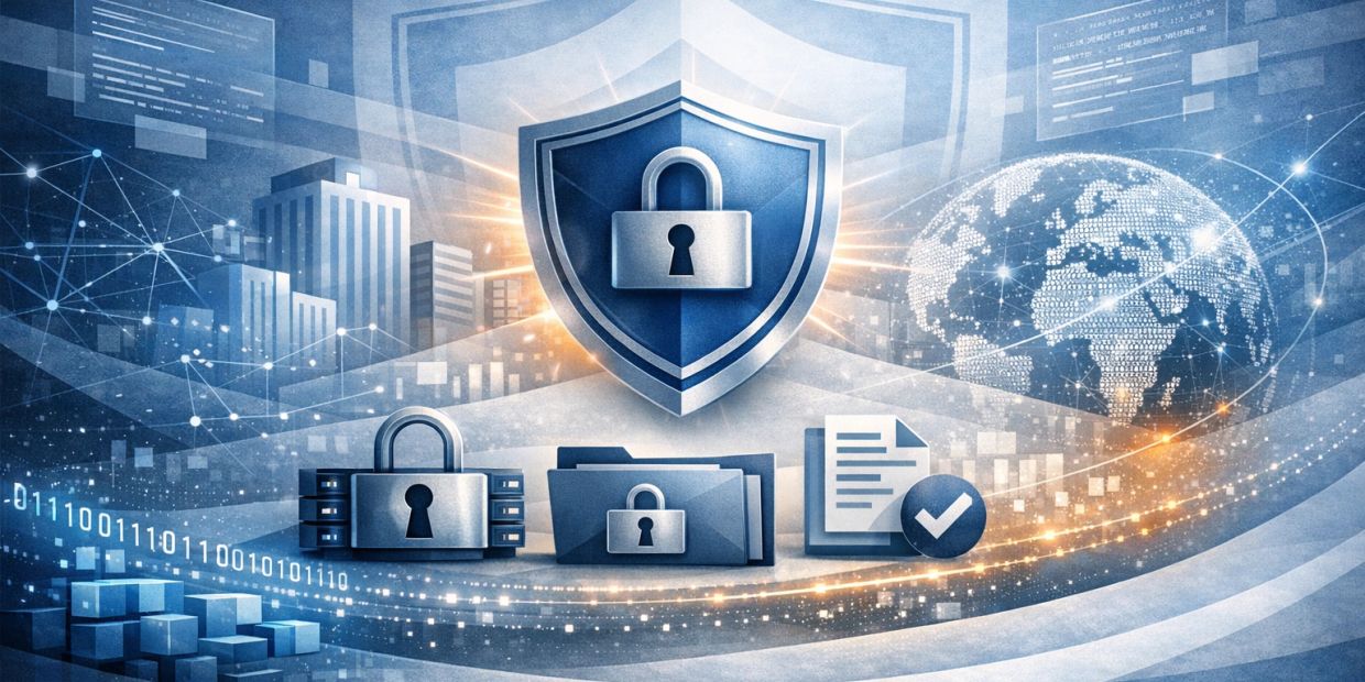 Digital security with locks, files, and global connectivity symbols.