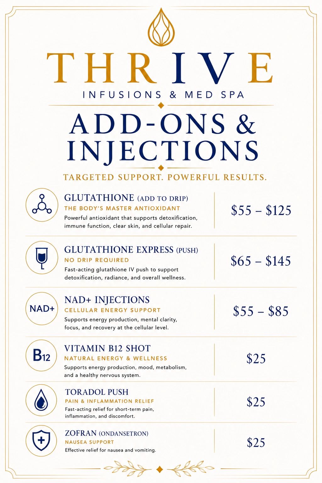 Thrive Med Spa add-ons and injections menu with pricing.