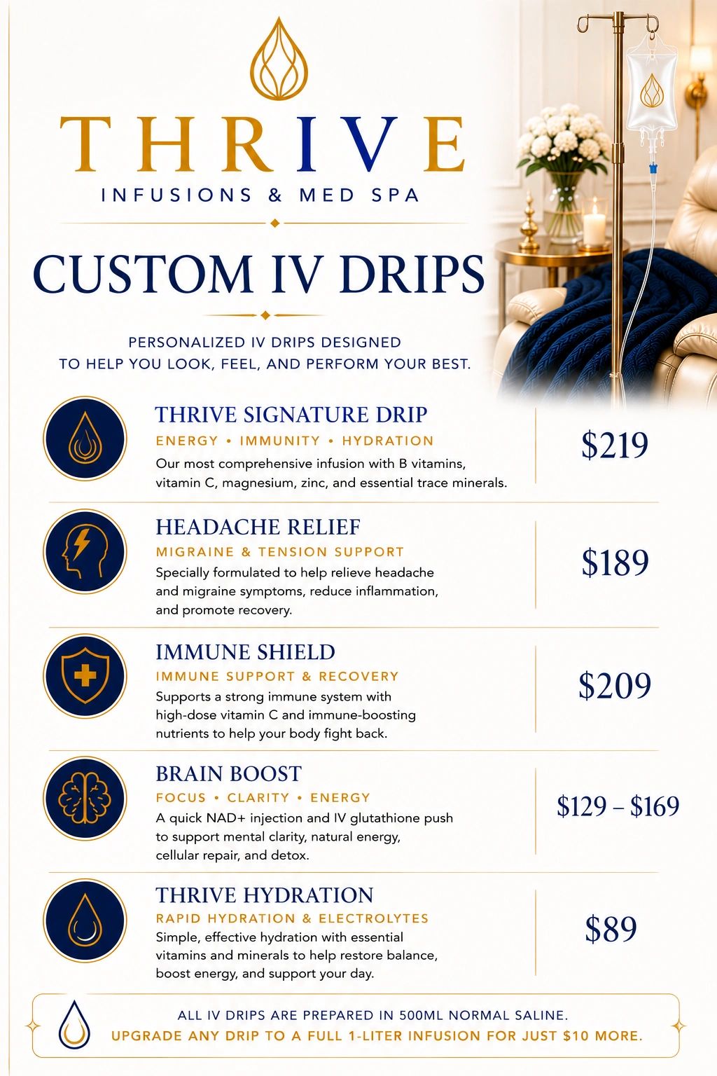 Menu of custom IV drips with descriptions and prices at Thrive Infusions & Med Spa.