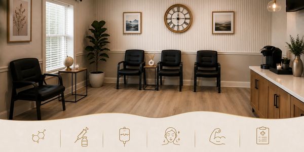 Modern, clean medical waiting room with black chairs and wood flooring.