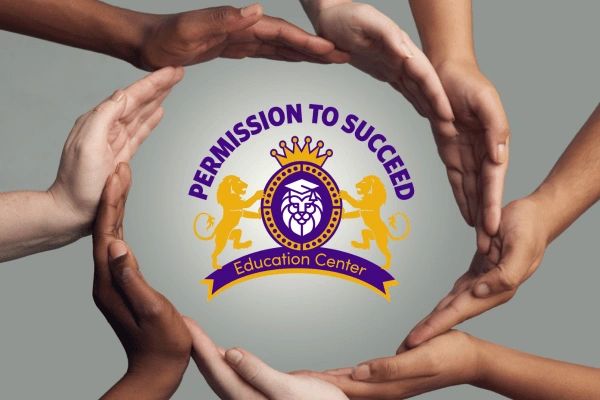 Hands form a circle around the Permission to Succeed Education Center logo to symbolize the communit