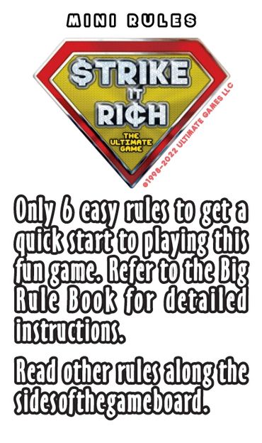 Photo of the Strike It Rich board game mini-rule card front of card.