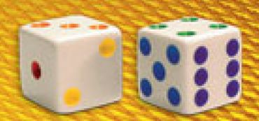 Photo of the Strike It Rich board game colored set of dice.