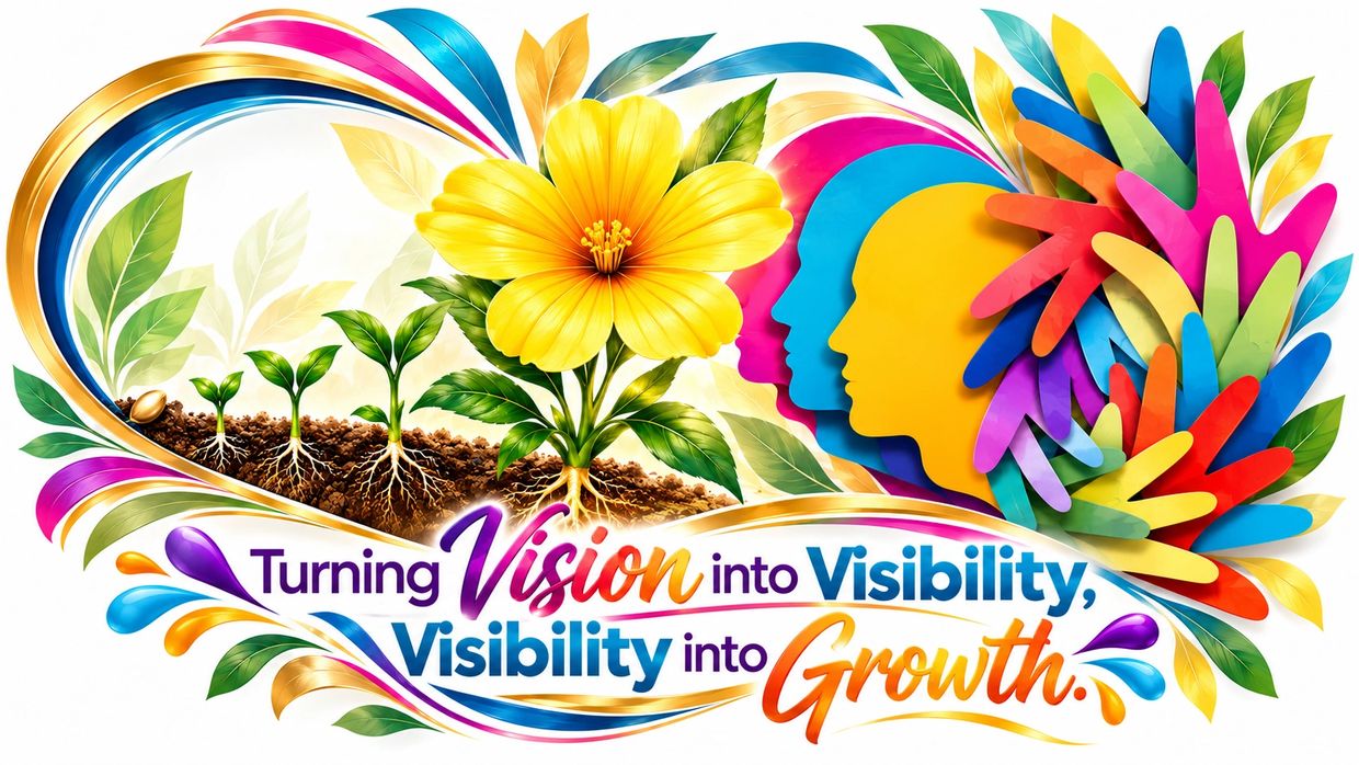 Colorful illustration of growth and visibility with flowers and human silhouettes.