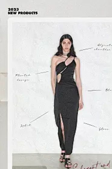 Model showcasing a sleek black one-shoulder dress with a slit and stylish cutouts.