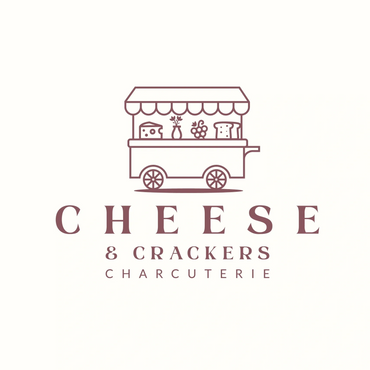 Elegant logo for Cheese & Crackers charcuterie featuring a cart with cheese, grapes, and bread.