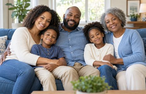 Illustration of a multigenerational family sitting together on a sofa.