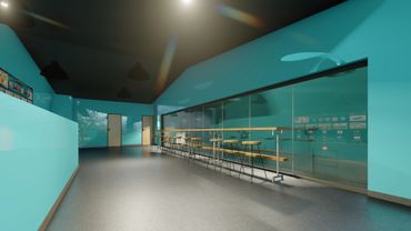 The elegant glass windows on the observation deck.